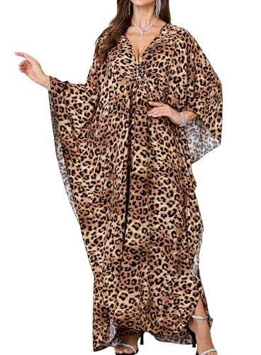 Yanziliu Women Kaftan Dresses Plus Size V-Neck Batwing Sleeves Beach Cover Up 2025 Summer Floral Print Caftan Dress