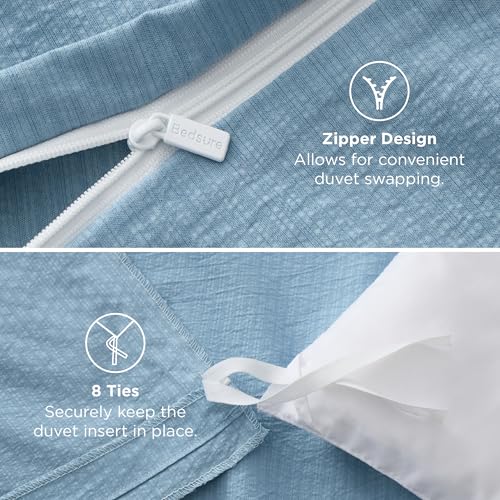 Image of Bedsure Textured Duvet Cover King Size - Cotton-Like Polyester Jacquard Duvet Cover Set for All Seasons - 3 Pieces Ultra Soft Bedding Set with 2 Pillow Shams, NO Comforter (Blue, King, 104 inch x 90 inch)