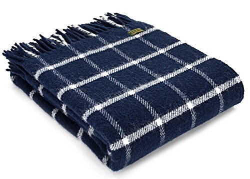 Windowpane Check  100% pura lana virgen manta/manta  azul marino/crema  fabricado en Reino Unido