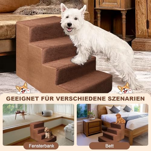 Haustiertreppe für Kleinen Hunde und Katzen, Abnehmbare Waschbar Hundetreppe Katzentreppe aus Schwamm mit Reißverschluss Plüschbezug, Tragbar Haustiertreppe für alte Hunde (4 Stufen Braun)