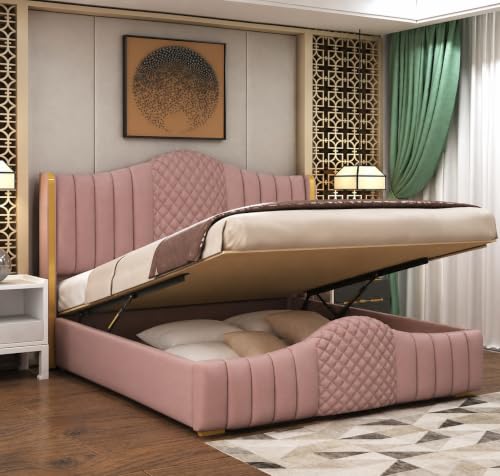 Image of Aesthetic crafts Hydraulic Bed Queen Size with Storage, Sheesham Wood Upholstered Wooden Double Bed, Queen Size Bed with Hydraulic Storage, Modern Platform Cot for Bedroom & Hotels, 6.5 x 5 Ft, Onion
