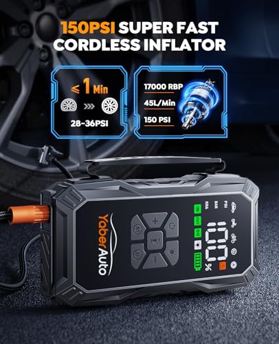 Image of YaberAuto 10-in-1 Jump Starter with Air Compressor 6000A 150PSI Car Battery Jump Starter (All Gas /10L Diesel) 12V Jump Box Car Battery Jumper Starter Portable Jumper Cables, 150W DC, Gloves, Lights