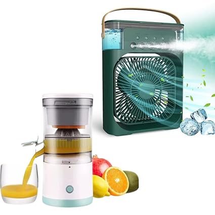 Techking Combo C639 - Personal Air Cooler, Green Mini Evaporative Cooler with 7 Colors LED Light & Citrus Juicer, Orange Squeezer, Wireless Portable Juicer Blender with USB Charging