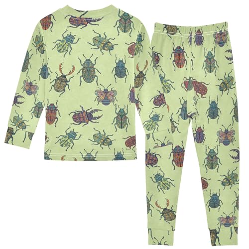 Pajama Sets Long Sleeve Colorful Beetle Green Background Soft Comfy Sleepwear 2 Piece PJS 3-8T3