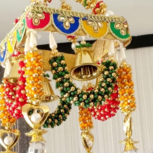 Image of Handmade Rajasthani Small Jhumar /Zummar for Living Room | Home Decor | Traditionally Designed Ceiling Hanging | 1 Hook Single Jhumar for Home & Temple | 12 x 10 Inch Multicolour