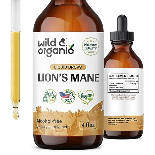 Wild & Organic Lions Mane Liquid Drops - Brain & Focus Support - Lion's Mane Mushroom Supplement - Hericium Erinaceus Mushroom Drops - Vegan, Sugar & Alcohol-Free Extract Tincture - 4 fl oz