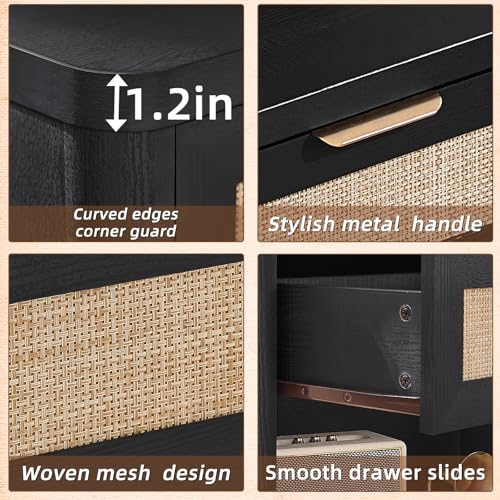 Image of LEYAOYAO Rattan Nightstands Set of 2 with Charging Station, Black Night Stand with Drawer, 23 inch Wide Boho Bedside Table with Storage Shelf, Bed Side End Tables for Bedroom, Living Room, Hallway