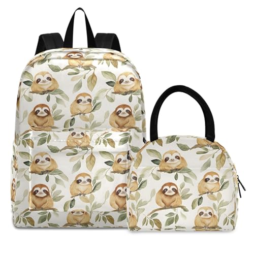 Backpack Lunch Box Set Large Capacity Travel Backpacks and Insulated Lunch Bag for Commute Hiking Picnic Watercolor Sloth Print