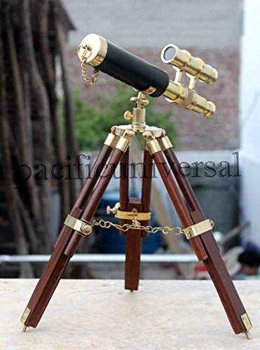 Mahira Nautical Antique Brass Leather Telescope Nautical with Stand Wooden Tripod Vintage Gift B