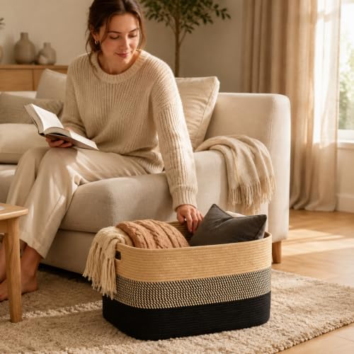 Image of 19.2GAL Sturdy Large Laundry Basket with Handles for Dirty Clothes, Portable Aesthetic Boho Cute Woven Storage Blanket Baskets for Living Room Decor and throws pillows Kids Toys Bath Towle Khaki Black