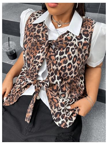 OYOANGLE Women's Plus Size Leopard Print Bow Tie Front Vest Tank Tops Sleeveless Open Front Cardigans Waistcoats4