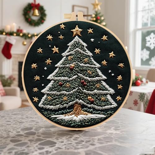 Image of Huacan Embroidery Kit for Beginners Adults, Easy Needlepoint Kits for Adults with Stamped Embroidery Patterns. (Christmas Tree)