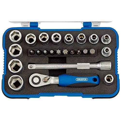 Draper 16354 Steckschlüssel-Set, 6,35 mm (1/4 Zoll), Vierkantantrieb, metrisches Mikrometer-Handwerkzeug, weiche Griff-Ratsche, 12 metrische Stecknüsse, Mechaniker, Auto-Werkzeuge,