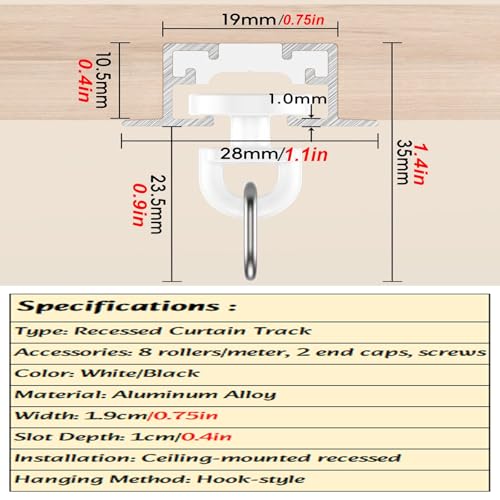 Rail de rideau coulissant encastré en aluminium flexible pour montage au plafond, séparateur de pièce et rideaux de baie vitrée avec crochets (blanc, 1,8 m)
