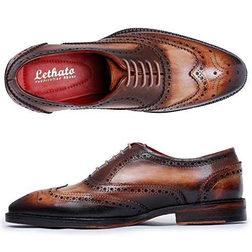 Lethato Wingtip Brogue Oxford Handcrafted Men's Genuine Leather Lace up Dress Shoes- Brown - Thumbnail 7
