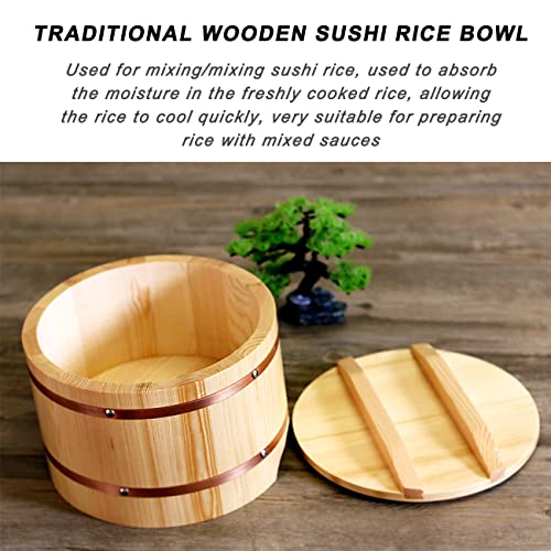 Wsha Sushi Wood Rice Bowl With 2Pcs Sushi Making Kit And Lid, Japanese Hangiri Sushi Rice Mixing Tub Copper Band For Sushi Oke Restaurant Rice Barrel,Large #TOP2