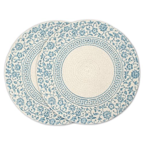 Image of Dining Table Mats Set of 2 | Cotton Table Mat 32 cm Diameter, Encasa XO Washable Round Table Mats, Heat Resistance Dining Table Placemats, Handmade Ribbed Style for Centre Table, Printed Light Blue