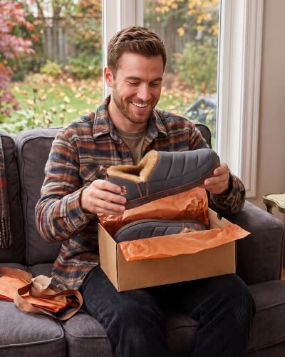 Image of LongBay Men's Outdoor Slippers Two Tone Indoor Bedroom House Shoes Gifts | Nylon Upper, Memory Foam Insole, Coral Fleece Lining, Slip On, Lightweight and Packable, Camping Garden, All-Season Wear