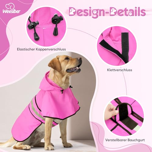 Weesiber Regenmantel Hund - Hunderegenmantel Wasserdicht Regenjacke Hund Reflektierend mit Leinenloch, Regencape für Hunde Mit Kapuze (L, Rosa)