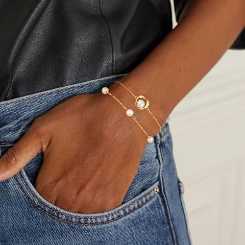 Gold Pearl Bracelets for Women Trendy, Dainty 18K Gold Plated Pearl Heart Daisy Circle Beaded Bracelet Stack Beach Summer Jewelry Bracelets Cute Wedding Bridesmaid Bridal Jewelry Gifts3