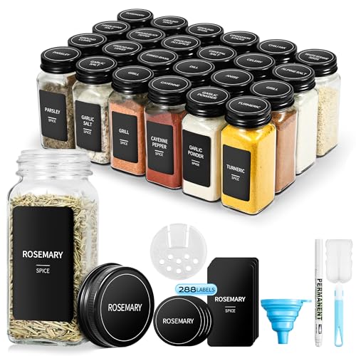 BAVATEE 24 Pièces Pot à ÉPices Carrés Noirs avec Couvercles à Visser, 120 ml (10,5 X 4,5 cm) Bocaux à Épices, Bocal Epices avec Tamis, Pot Epices Verre...