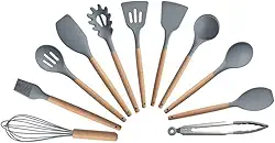 Jogo Utensílios de Cozinha em Silicone Madeira 12 Peças (Cinza-Escuro)