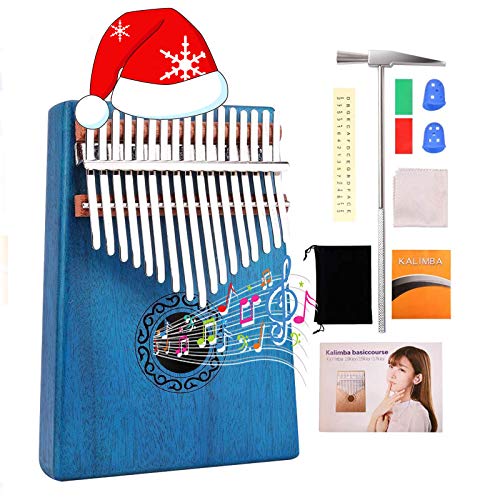 Kalimba Thumb Piano 17 Keys, Portable Musical Instrument, Wooden Handcrafted Marimba with Easy to Learn Songbook, Carrying Case, Tuning Hammer, Perfect Christmas Gift for Beginners, Kids - Blue