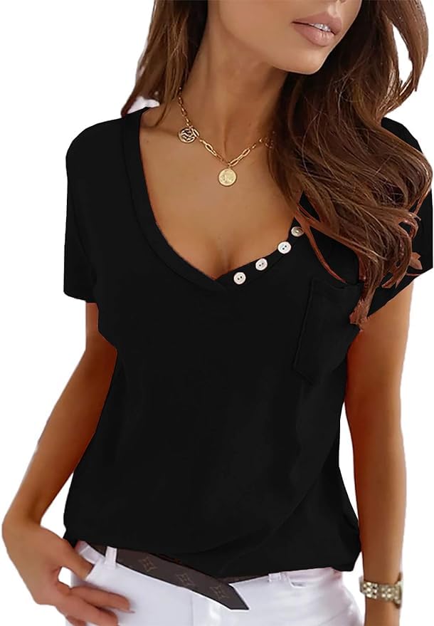 Imily Bela Damen T-Shirt Kurzarm V Ausschnitt Sexy Sommer Oberteile Tops Tunika Casual Tee Locker(Schwarz,M)