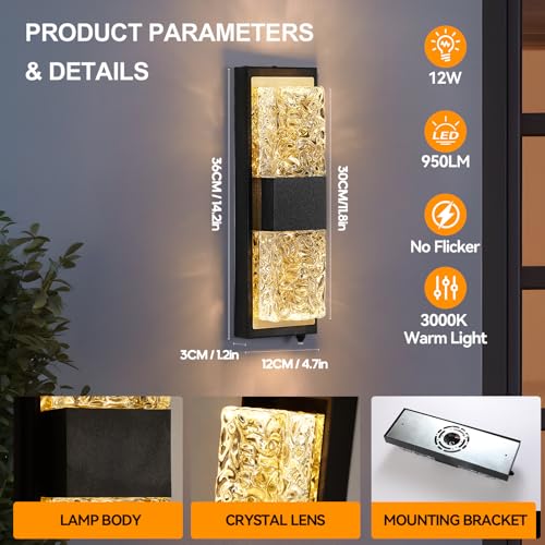 Image of 14.2 inch Dusk to Dawn Outdoor Wall Light, Black and Gold, 1-Pack | IP65 Waterproof, Crystal Modern Design, Exterior Wall Sconce, Ideal for Porch, Patio, Hallway, Backyard
