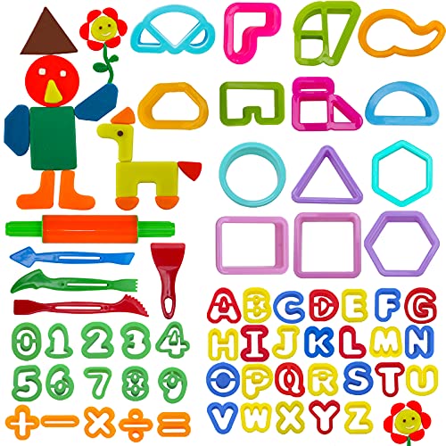 salipt 60PCS Play doh Tools,Playdoh Accessories for Children's Clay,Play Dough Tools for Toddler Preschool Toys with Capital Letters,Numbers, Symbols Cookie Cutters,Stamps,Multi-Color.