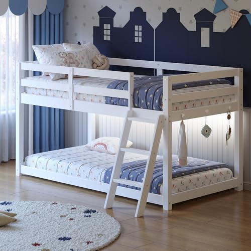 Vantic Low Bunk Bed with Guardrail and LED Light, Floor Toddler Bunk Bed Twin Over Twin with Wide...