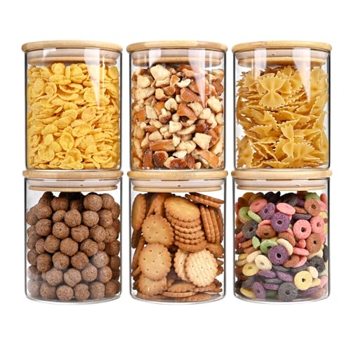 25oz Glass Food Storage Jars, Glass Jars with Bamboo Lids, Kitchen Storage Jars, Set of 6, Canisters with Airtight Lids for Spice, Coffee, Cookie, Pantry Organizers