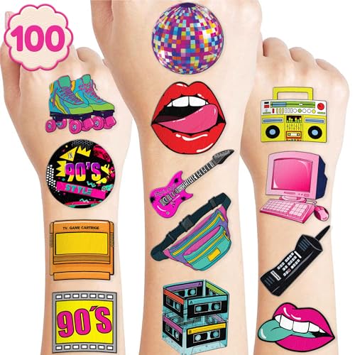 100 PCS Back To The 90s 80s Retro Theme Temporary Tattoos Themed Birthday Party Decorations Favors Supplies Decor 1990s 2000s 1980s Stickers Cute Gifts for Game Kids Boys Girls School Rewards Carnival