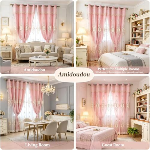Amidoudou 1 Pair European Double Layer Curtains with Valances for Living Room Bedroom Luxury 3D Flower Embroidered Curtains (Pink,52x102 Inch) by Amidoudou - Used condition - Image 5