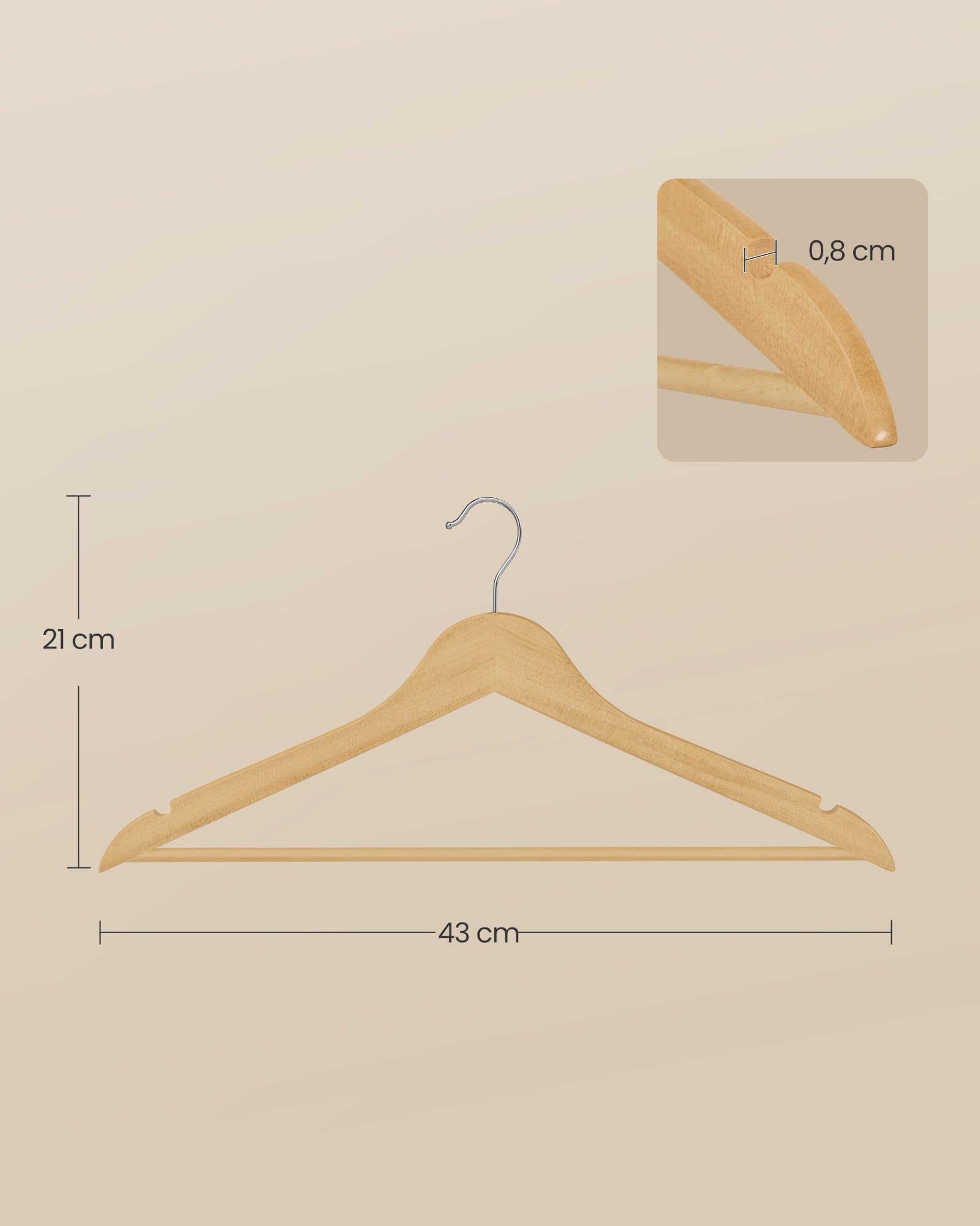 SONGMICS Grucce Appendiabiti Legno, 20 Pezzi, Appendini, Salvaspazio, Scanalature su Spalle, Gancio Girevole a 360°, Legno di Betulla, per Pantaloni Giacche, Beige Naturale CRW040K01