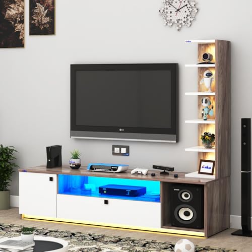 Image of Anikaa Engineered Wood Floor Standing Modern TV Unit with LED Light for Living Room | 2-Door & Open Box Cabinet with Side Shelf | Ideal for Up to 55 Inch | (Coachwood /White) DIY Installation