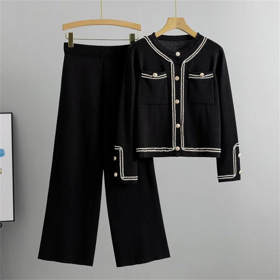 Damskie dzianinowe 2-częściowe zestawy dres z długim rękawem vintage jednorzędowy przycięty płaszcz spodnie rozciągliwy dopasowany garnitur