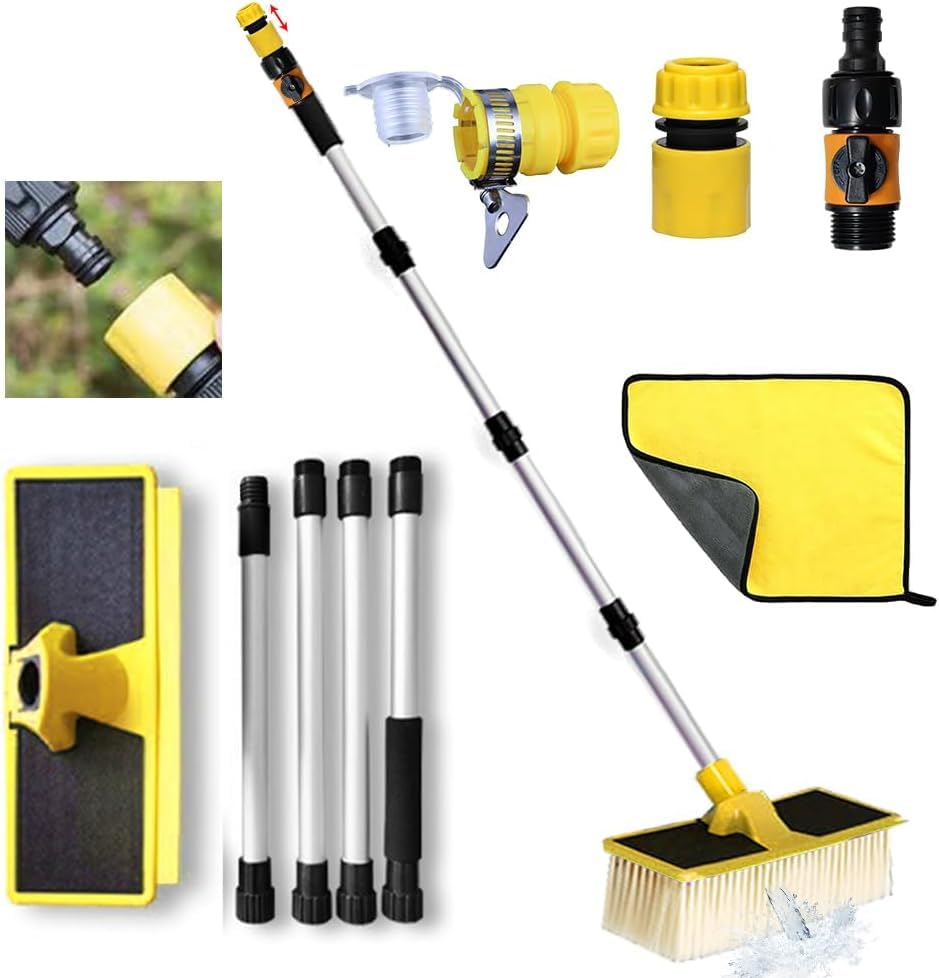 Brosse de Lavage de Voiture Avec Manche de 168 cm, Brosse de Lavage Télescopique, Avec Raccord D'eau, Balai de Lavage Avec Raccord de Tuyau, Brosse à Eau...