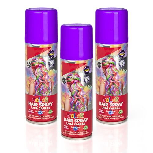 Pack 3 Laca de Pelo Color Morado 125ml - Spray Colores para Cabello Rápida coloración, Lavable