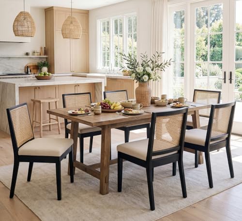 Image of HNY Farmhouse Rattan Dining Chairs Set of 6, Black Solid Hardwood Frame, Upholstered Linen Seat, Ergonomic Cane Back Dining Room Chairs for Kitchen, Dining Room, Apartment, Beige
