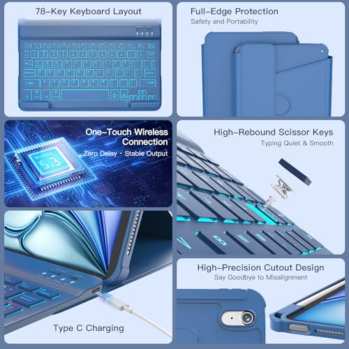 Image of RAYMCRAFT for iPad Air 11-inch Case with Keyboard M4 /M3 /M2 (2026 /2025 /2024) | 360 Rotatable Case & Detachable Wireless Keyboard for iPad Air 5 /4th, 7-Color Backlit, Precision Cutouts, Pen Holder, Blue