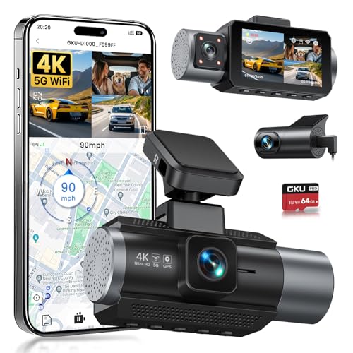 GKU 3-Kanal-Dashcam, 4K+1080P+1080P Dashcam Auto Vorne Innen Hinten mit 64GB SD Karte, GPS 5GHz...