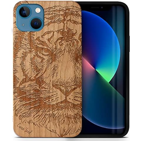 CaseYard Wood Phone case for iPhone 13 Pro Max Laser Engraved Tiger Sketch Design Cherry Wood Compatible iPhone case Protective Shockproof Slim fit Cell Phone Cover for Men & Women Cover