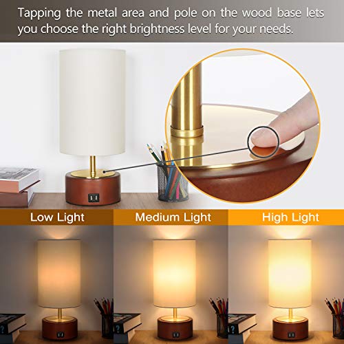 USB Table Lamp, Boncoo Bedside Touch Control Lamp with 2 USB Charging Ports, Dimmable Minimalist Solid Wood Nightstand Lamp Round Fabric Shade for Bedroom Dresser Living Room, A19 6W LED Bulb Included - Thumbnail 7
