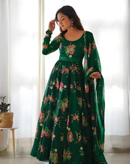 Image of Elegant Floral Printed Long Kurti with Matching Dupatta in Flowing Poly Georgette Fabric for Graceful Ethnic and Festive