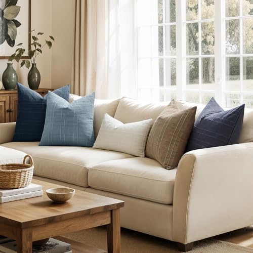Image of MIULEE Decorative Linen Check Euro Shams Throw Pillow Covers Neutral Farmhouse Vintage Pillow Covers 26x26 Set of 2 Boho Modern Home Decor for Sofa Couch Bedroom Cushion Navy Blue