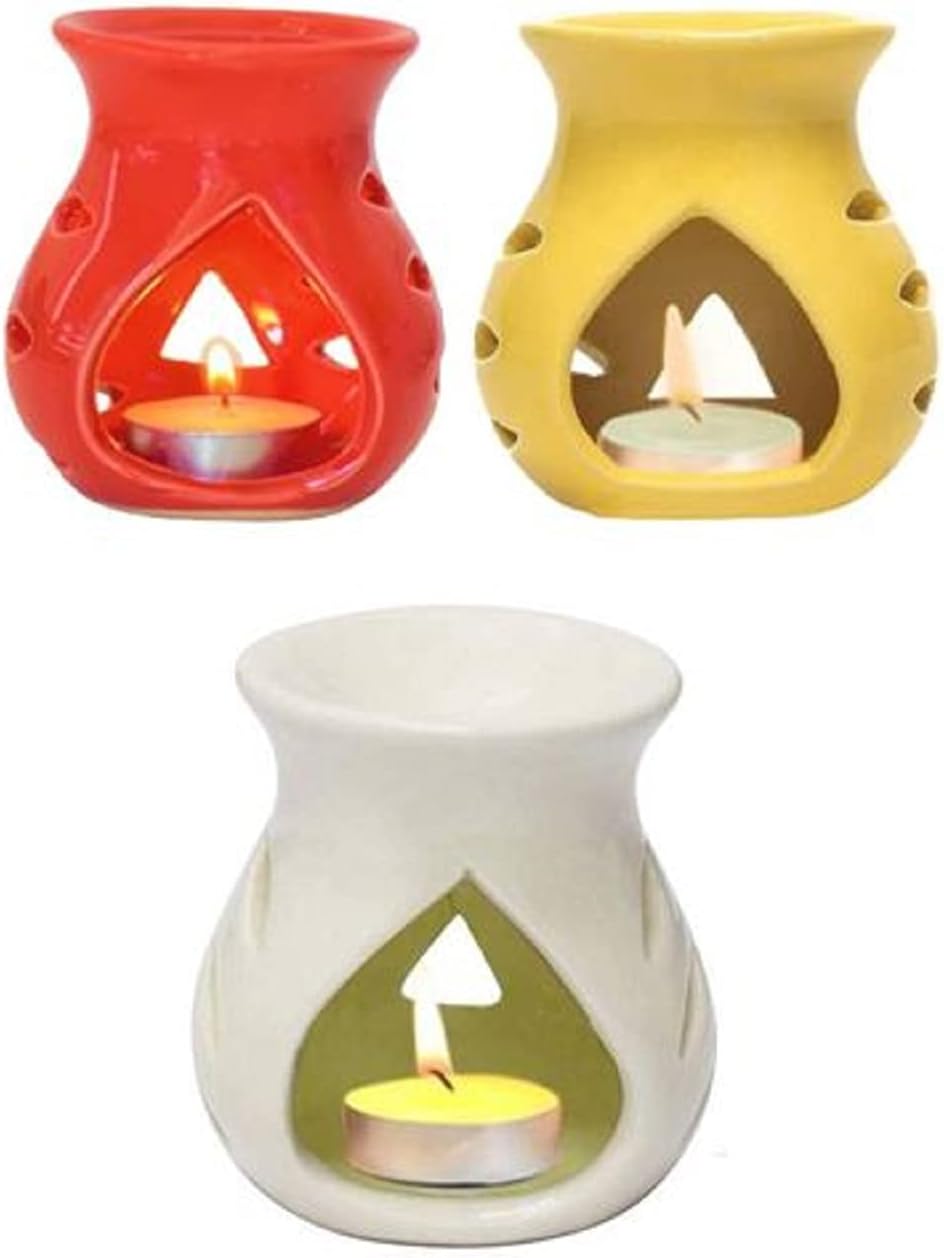 Mkd2 Rise Ceramic Clay Oil Burner Aroma Diffuser Lamp -Set of 3 (Red-Yellow-White) Multicolour for Home Fragrance