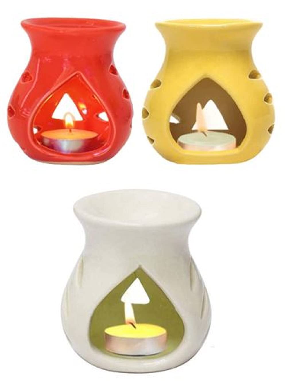 Mkd2 Rise Ceramic Clay Oil Burner Aroma Diffuser Lamp -Set of 3 (Red-Yellow-White) Multicolour for Home Fragrance