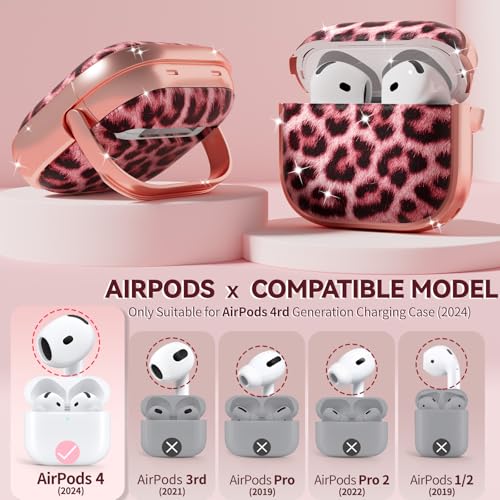 Image of Inesore for AirPods 4 Case Cover 2024 with Lock-Pink Jaguar | Two-Piece Design,with Gold Keychain & Cleaning Pen,Support Wireless Charging,Cute Luxury Case for Women Girly