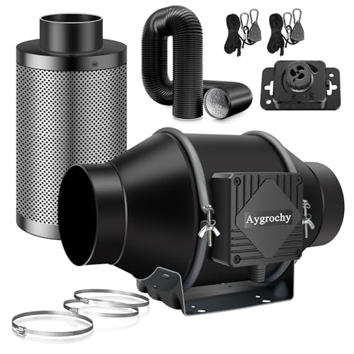 Aygrochy 100 mm Extractor de Aire con Controlador Ajustable,En Línea Ventilador Extractor,Con Filtro de Carbón de Aire y Manguera de ventilación PVC,Para Baño,tienda de cultivo, Garage, Cucina